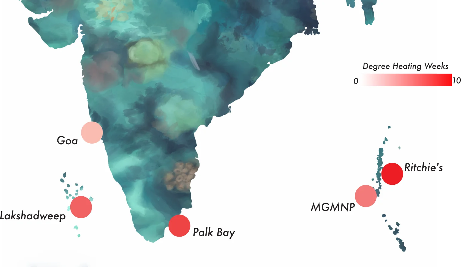 Map of India showing the five surveyed regions coloured by heat stress (Degree Heating Weeks, 0 to 10): Goa, Lakshadweep, Palk Bay, MGMNP and Ritchie's