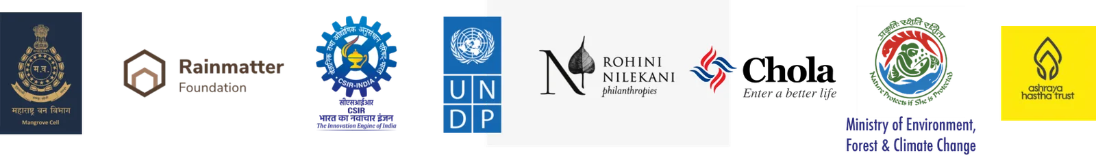Logos of the supporting organisations, including Rainmatter Foundation, UNDP, Rohini Nilekani Philanthropies, Chola and the Ministry of Environment, Forest & Climate Change